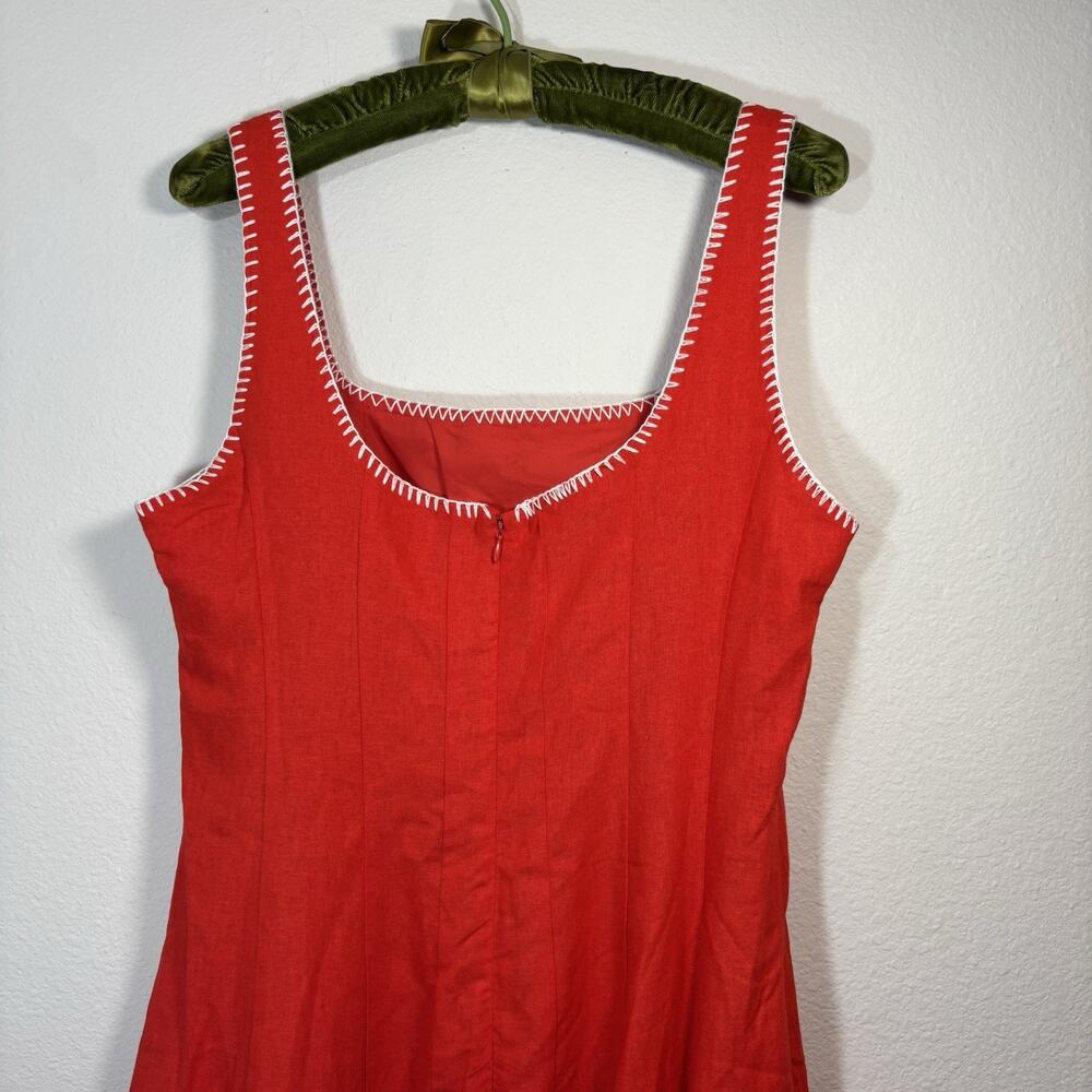Caroline Constas Whipstitch Trim A-Line Linen Blend Midi Dress Cherry Red SZ 10 - Picture 4 of 12